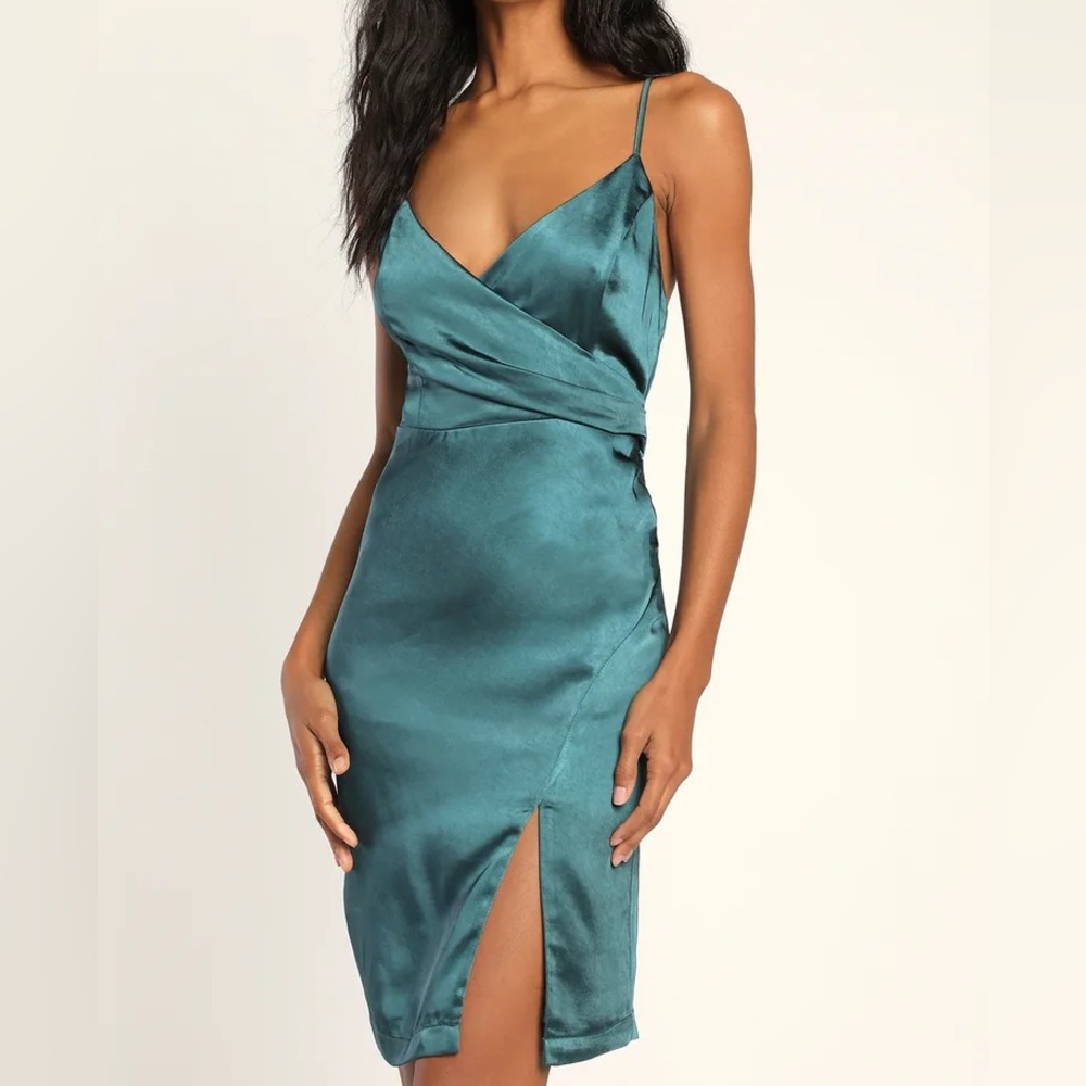 Lulus Hot Night Out Teal Green Satin Surplice Faux-Wrap Dress size small